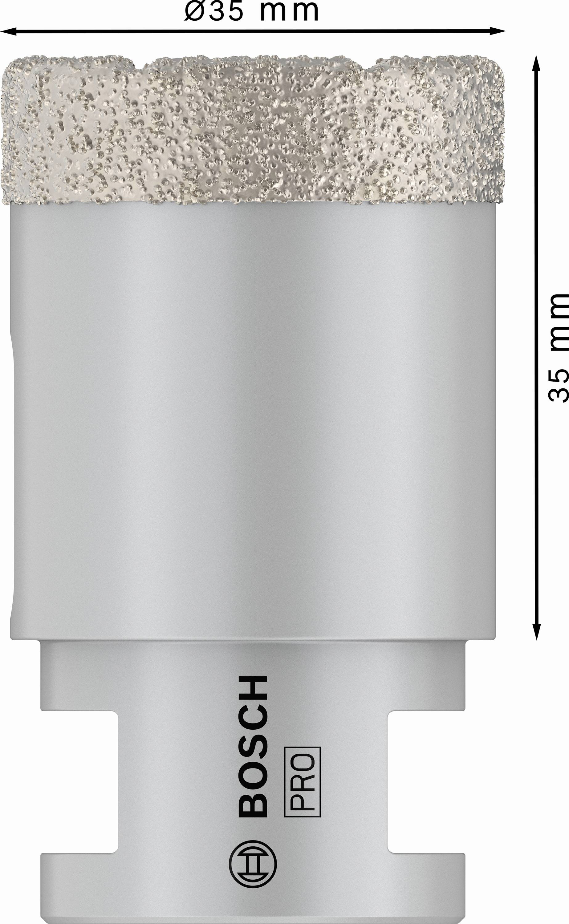 Diamantbohrkrone von Bosch mit ø35 mm Kopfdurchmesser und 35 mm Höhe. Silberne Farbe, geeignet für professionelle Anwendungen.