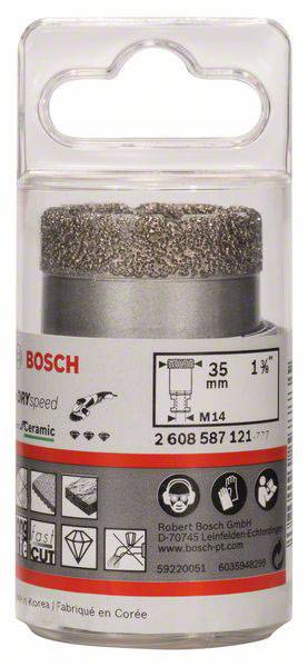Bohrkrone von Bosch, 35 mm Durchmesser, für Keramik und Stein geeignet. Verpackung zeigt Produktdetails und Anwendungspiktogramme.