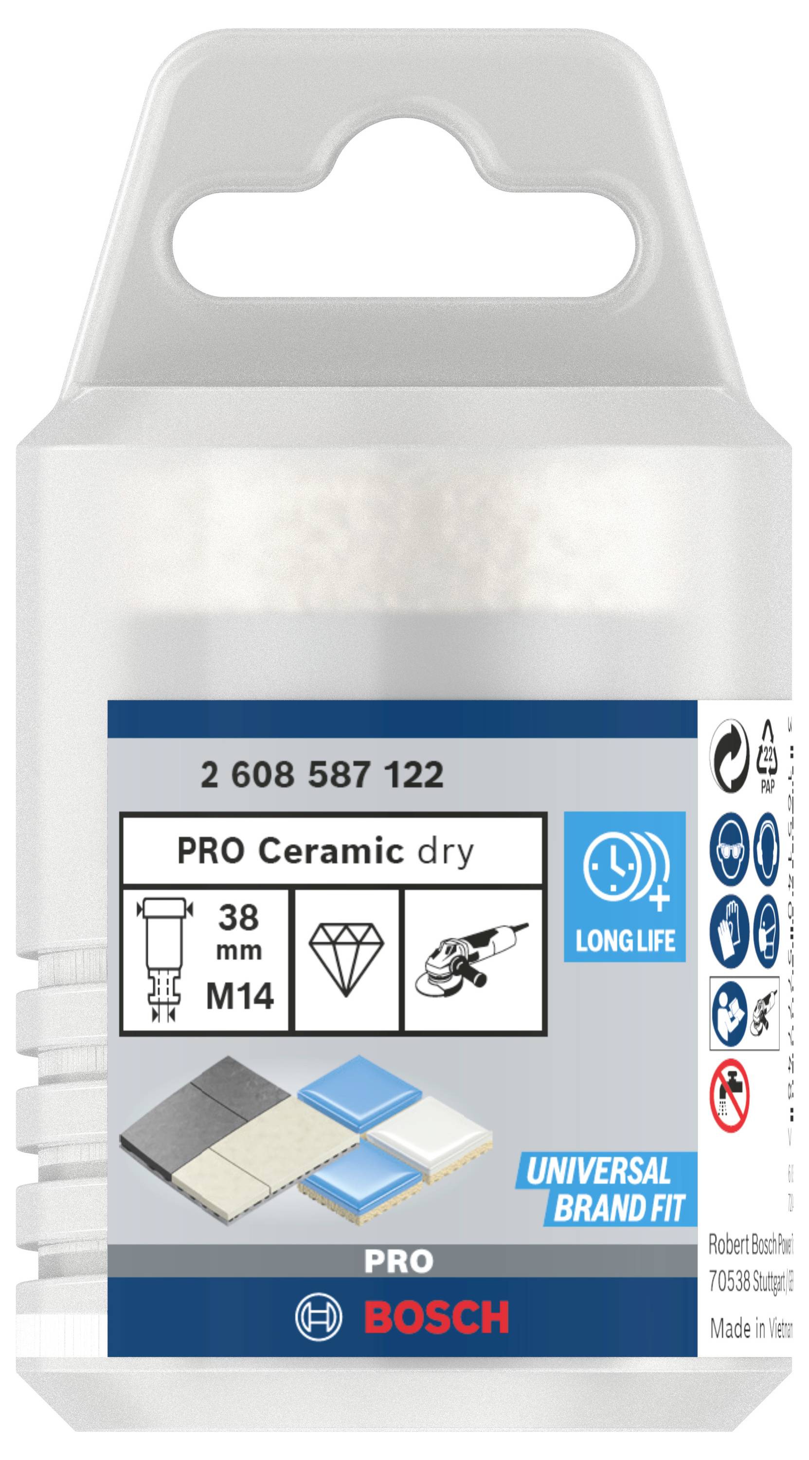 Verpackung eines BOSCH PRO Ceramic Trockenbohrers, 38 mm Durchmesser, M14, hervorgehoben durch Symbole für Langlebigkeit und universelle Passform.
