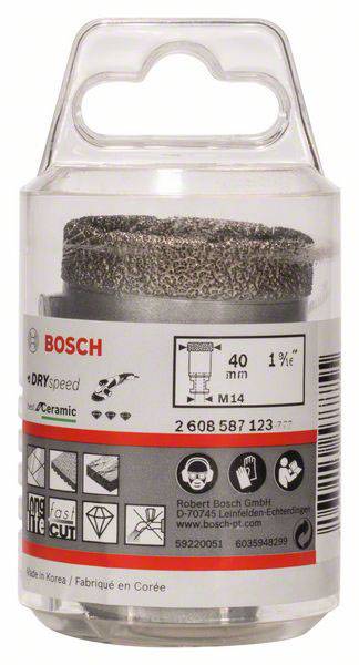 Zylinderförmiger Diamantbohrer von Bosch für Trockenbohrungen in Keramik, 40 mm Durchmesser. Verpackung zeigt technische Details.