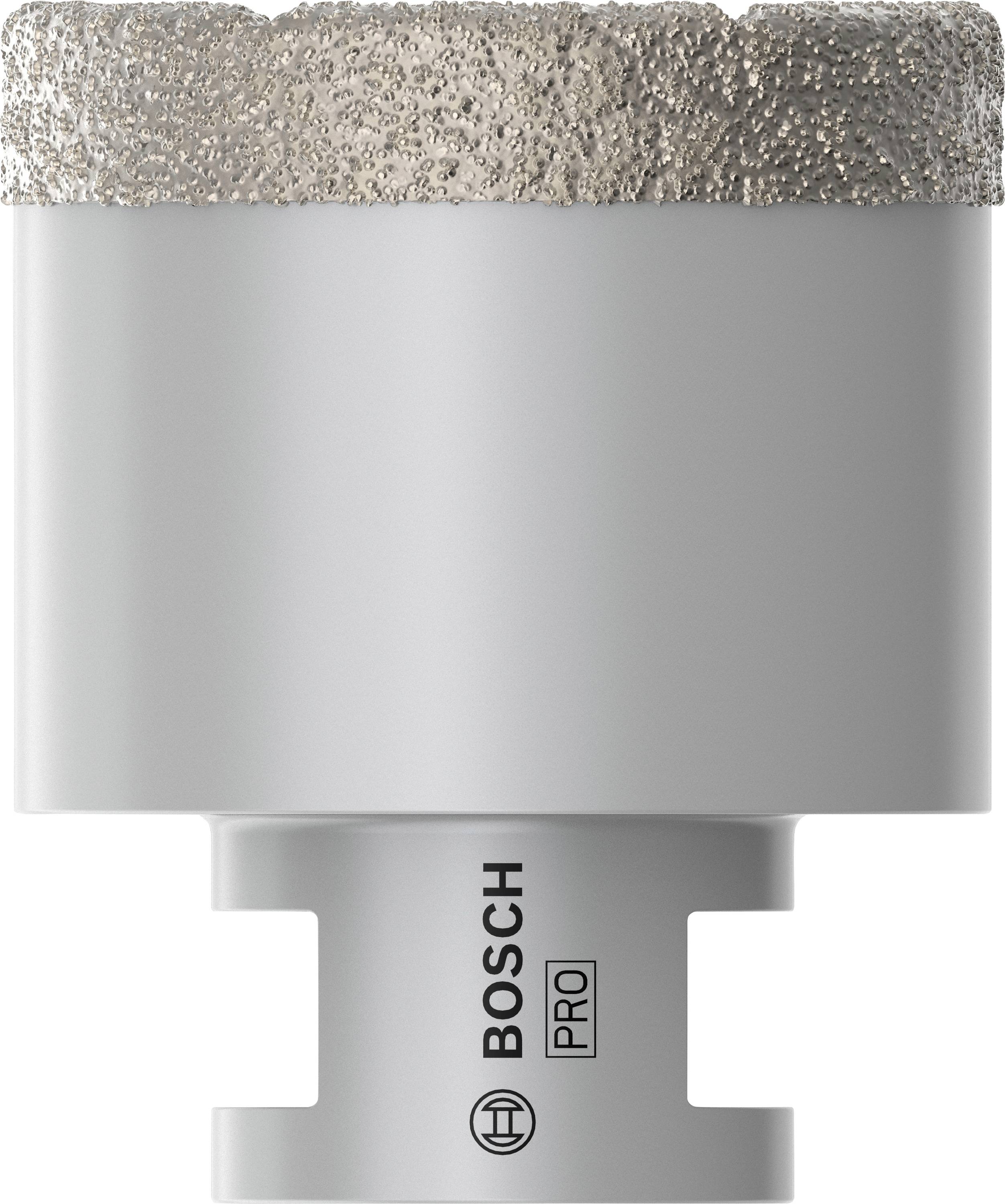 Grauer Bosch Pro Lochsägeaufsatz mit diamantbesetzter Schneidkante, verwendet zum Schneiden harter Materialien wie Fliesen.