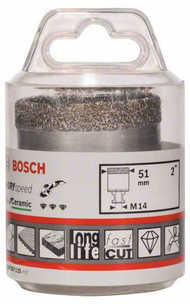 Verpackung eines Bosch Keramik-Trockenbohrers, Durchmesser 51 mm, mit Symbolen für lange Lebensdauer und schnellen Schnitt.