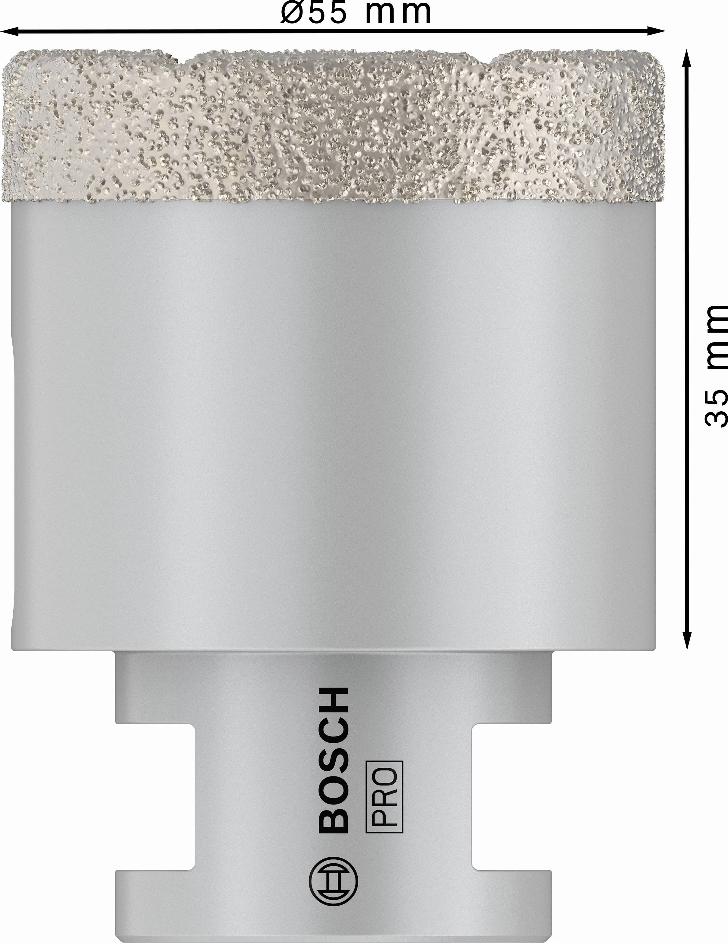 Diamant-Bohrkrone von Bosch, Durchmesser 55 mm, Höhe 35 mm, ideal für präzise Bohrarbeiten.