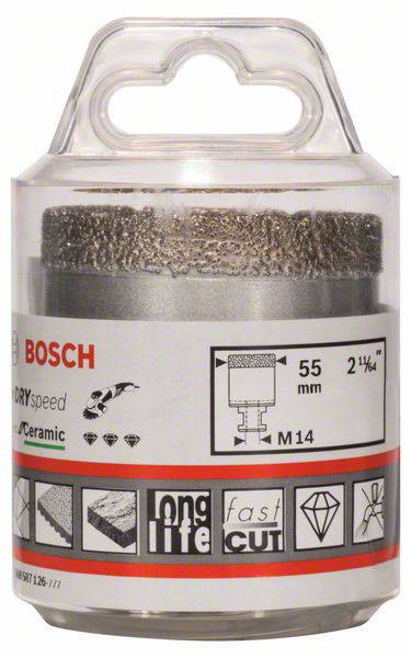 Kunststoffverpackung mit Aufsatz für Bohrmaschinen von Bosch, Durchmesser 55 mm, passend für Keramikbearbeitung, M14-Gewinde.