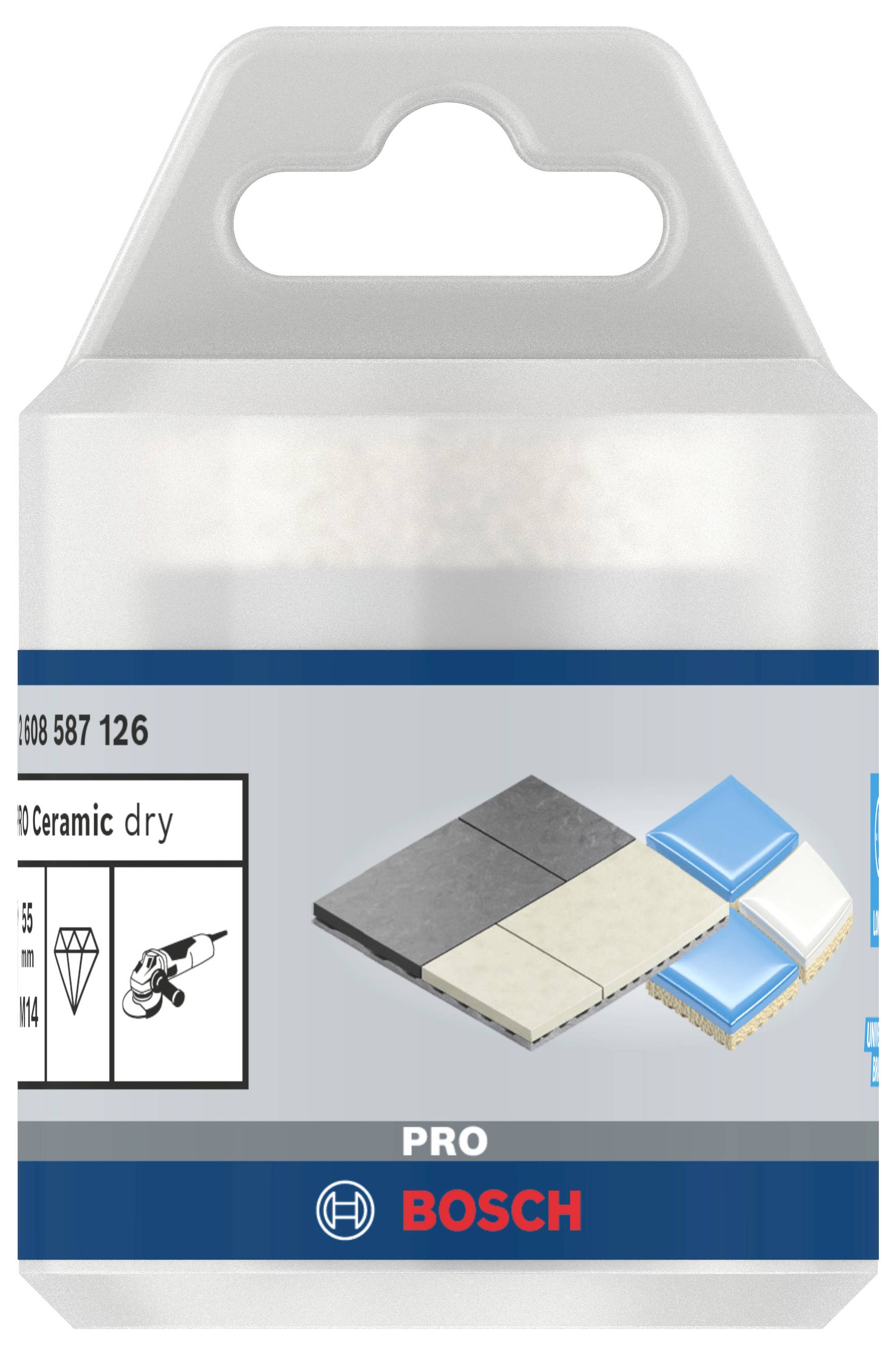 Bild einer Verpackung von Bosch. Zeigt eine Fliese mit verschiedenen Materialien. Beschriftet mit 'PRO Bosch'. Geeignet für Keramik.