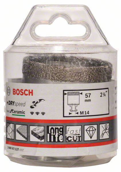 Verpackung einer Bosch Trockenbohrkrone mit 57 mm Durchmesser, optimiert für Keramik. Enthält Symbole zur Verwendung und Merkmale.