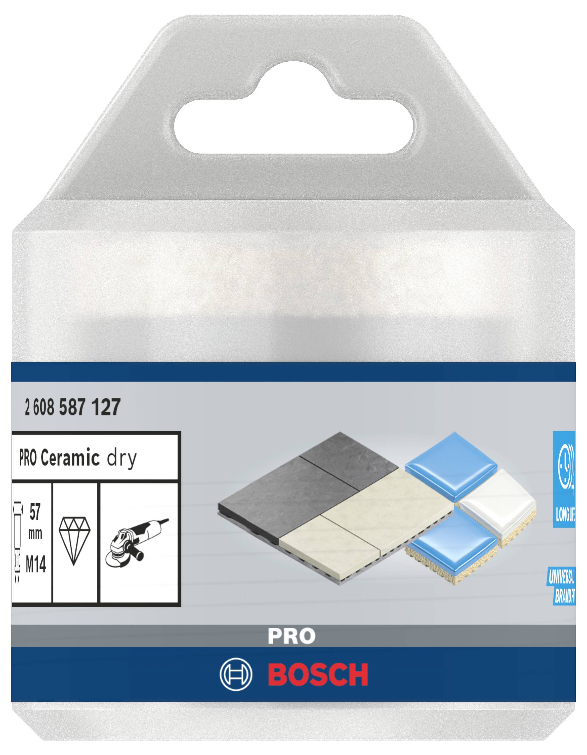 Verpackung eines Bosch PRO Ceramic Trockenbohrers mit Bild von Fliesen und technischen Details wie Durchmesser (57 mm) und M14-Verbindung.