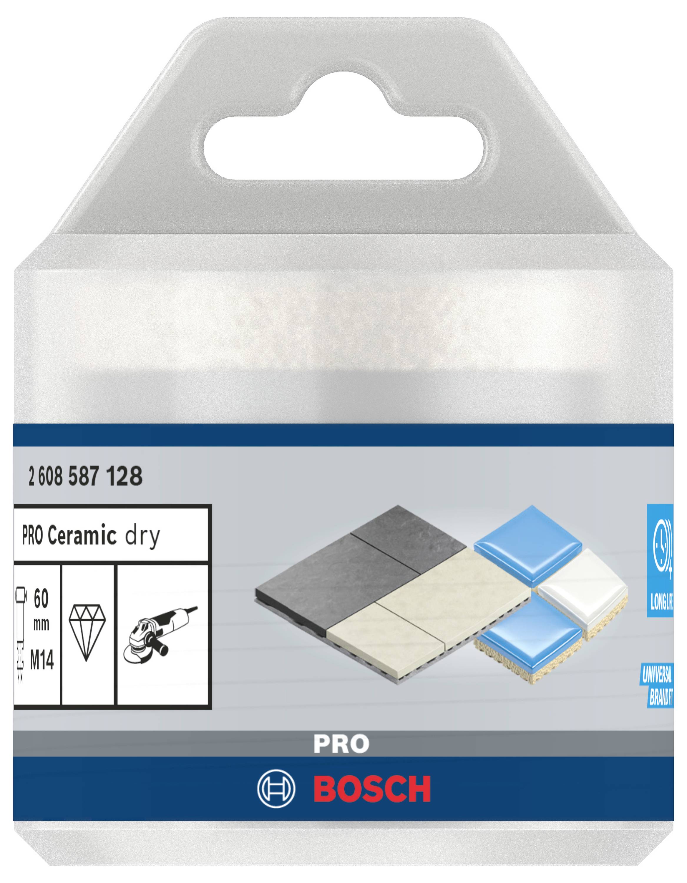 'PRO Ceramic dry' Diamantbohrkrone von Bosch, 60 mm, M14 Aufsatz. Verpackung mit Bild: Bohrkrone neben Fliesenbeispiel.