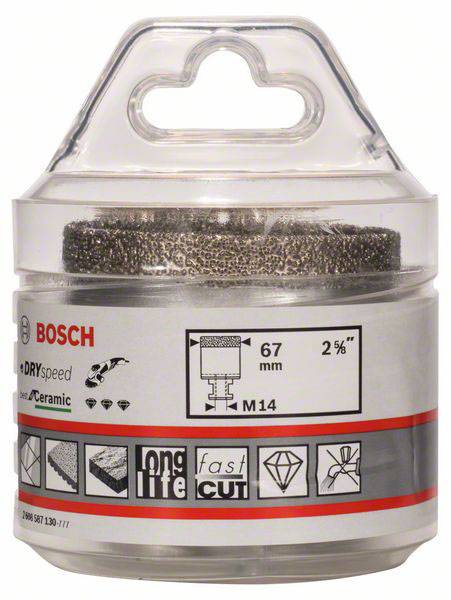 Kunststofverpakking met een diamantboorkroon van Bosch, label toont '67 mm', 'Dry Speed', symbolen voor keramiek en een M14-aansluiting.