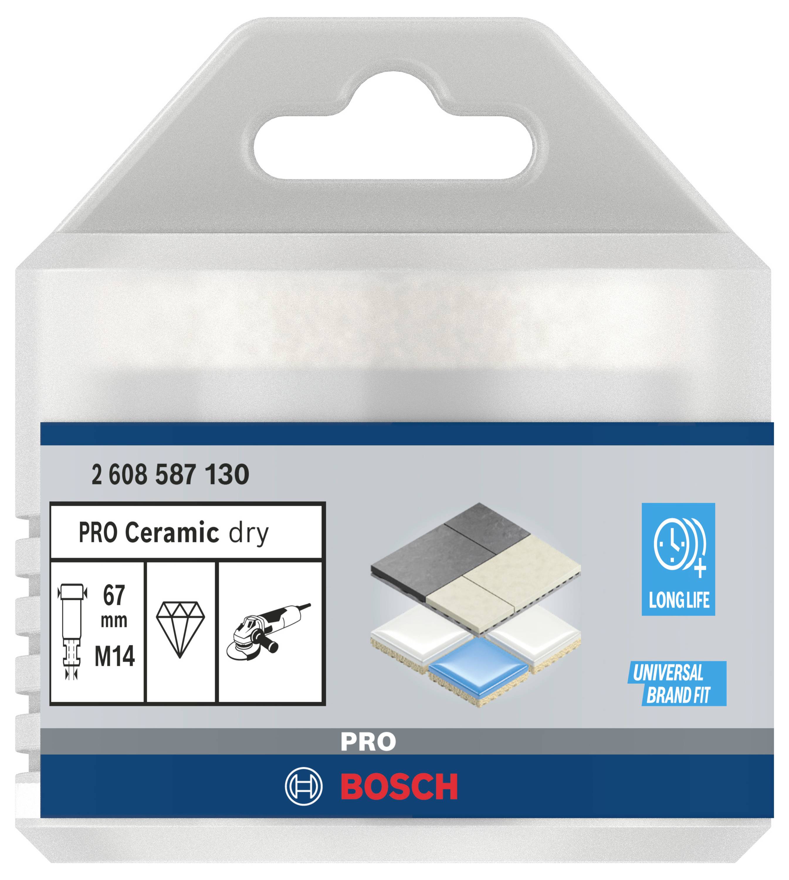 'PRO Ceramic dry'-Fliesenbohrer von Bosch, Durchmesser 67 mm, M14-Gewinde, geeignet für Keramik und Fliesen, lange Lebensdauer.