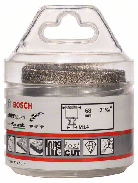 Verpackung eines Bosch Fliesenbohrers, 68 mm, mit DrySpeed Technologie und Eignung für Keramik. M14 Gewinde.