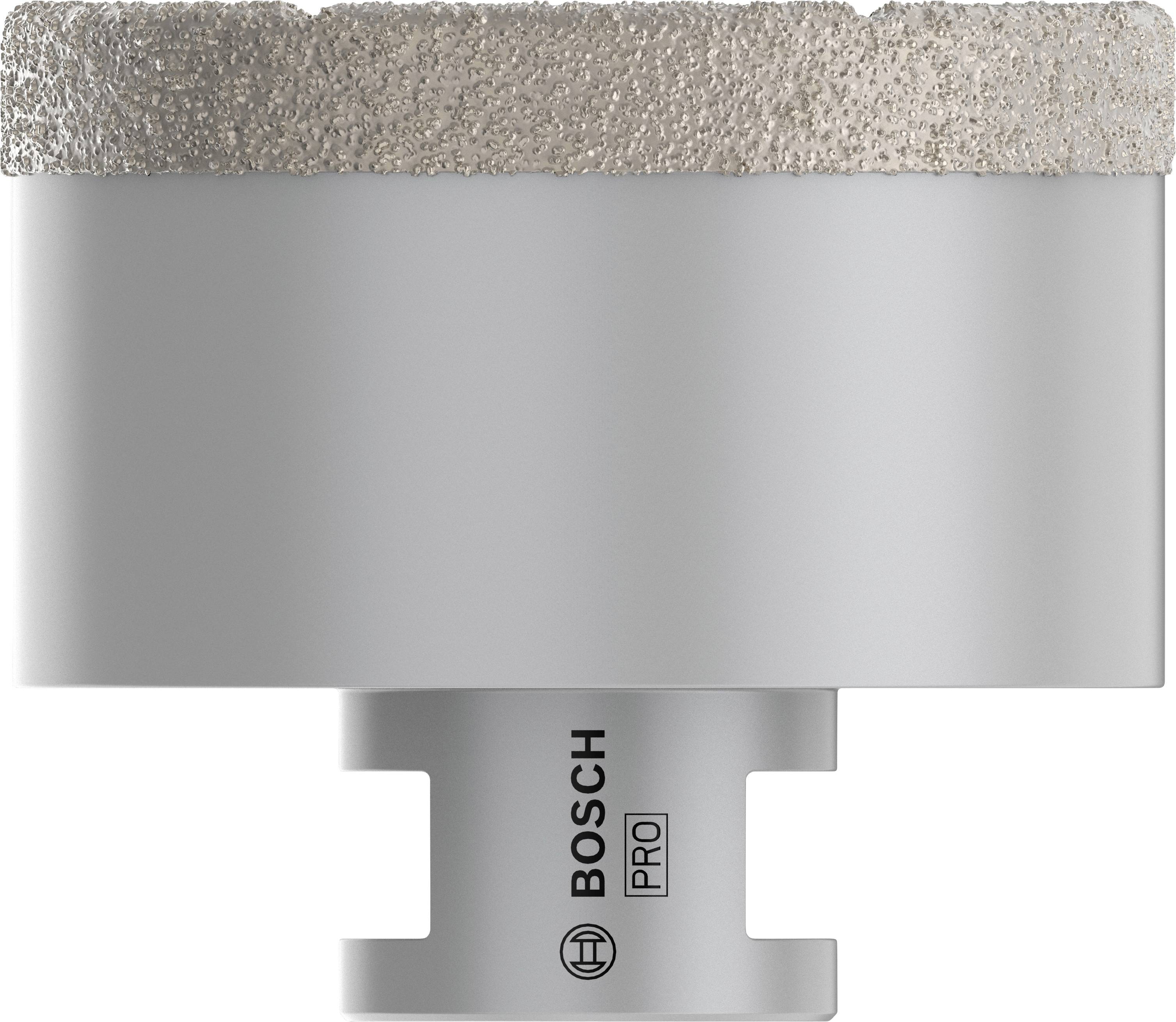 Metallkrone mit Diamantbeschichtung, verwendet für präzises Bohren in harte Materialien, Marke 'Bosch Pro' erkennbar.
