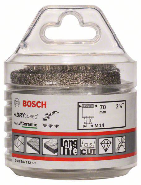 'Bosch' Diamantbohrkrone, 70 mm, geeignet für Trockenbohren in Keramik. Verpackung zeigt Einsatzmöglichkeiten und M14-Aufnahme.