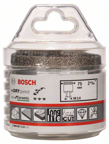 'Bosch Diamant-Bohrkrone', 75 mm, speziell für Fliesen. Marken- und Produktinformationen auf der Verpackung.