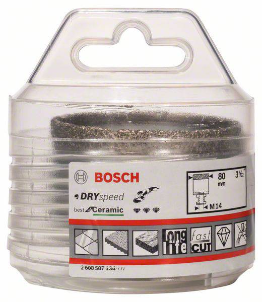 Bohrer-Set in transparenter Plastikverpackung. Geeignet für Keramik, Durchmesser 80 mm. Bosch-Logo und Symbole für Leistungseigenschaften.