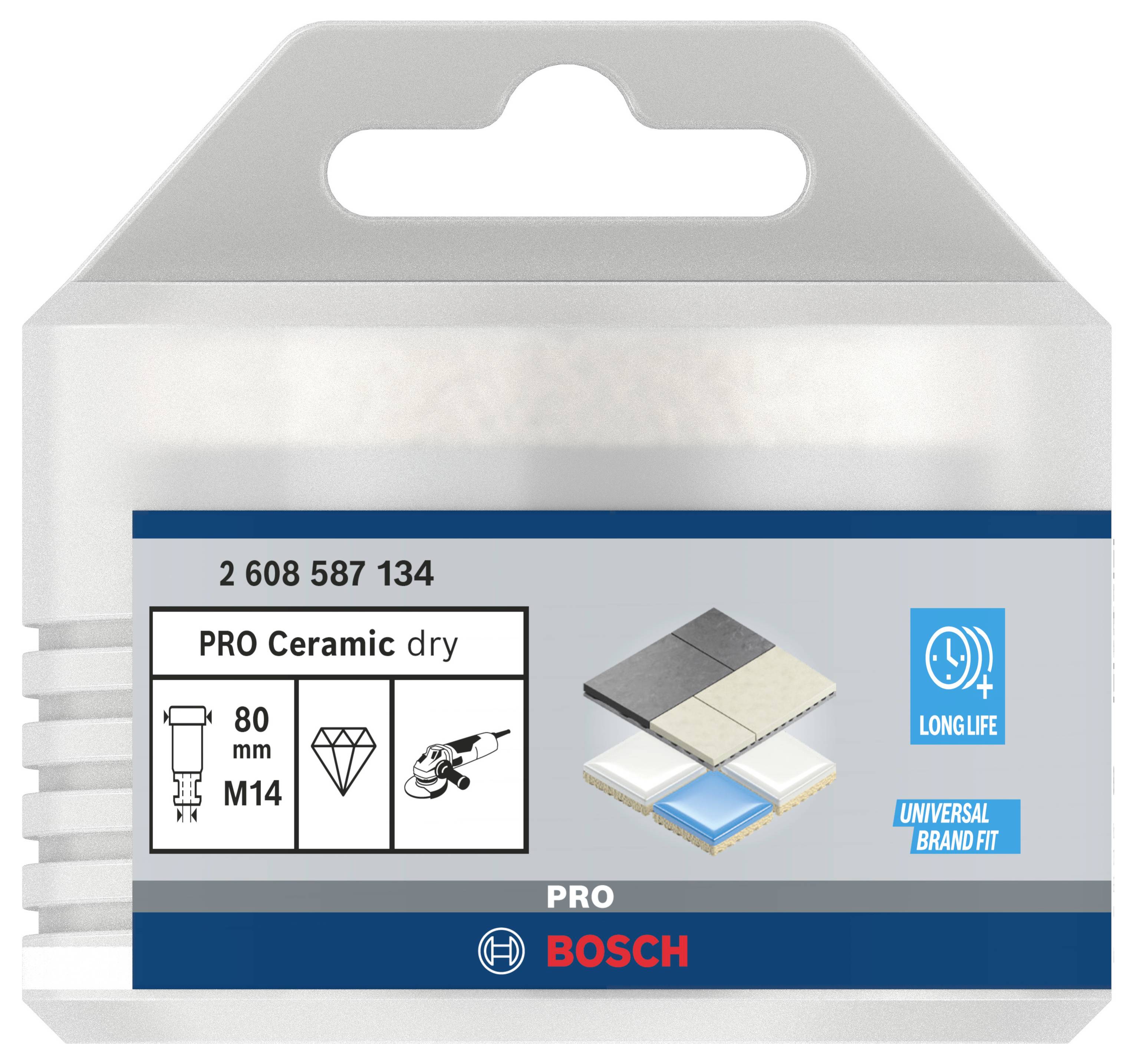 Verpackung einer Bosch Pro Ceramic Trocken-Cutter-Scheibe, 80 mm, M14. Geeignet für langes Leben und universelle Markenkompatibilität.