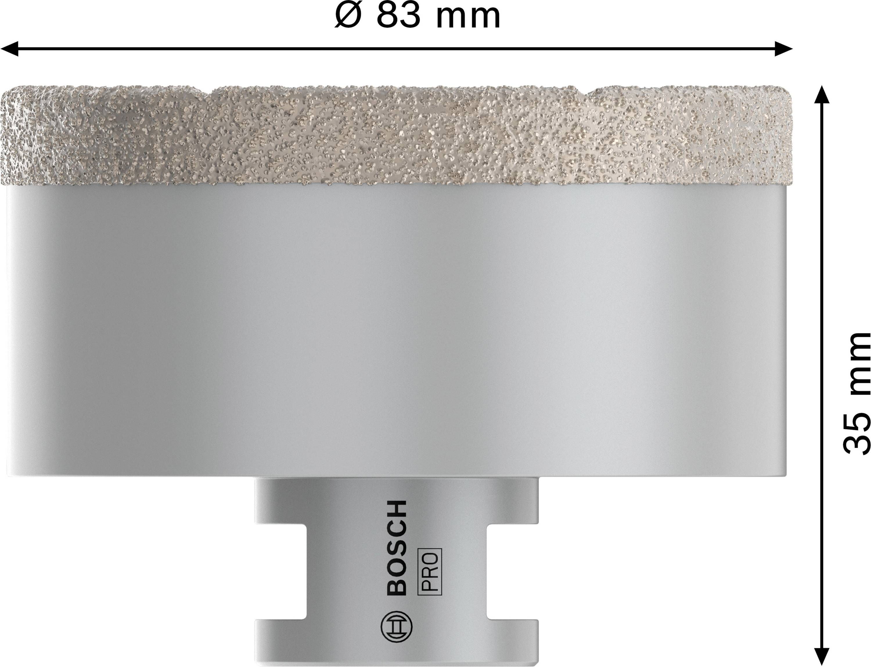 Lochsäge mit Ø 83 mm und Höhe 35 mm, Marke Bosch Pro, Detailaufnahme des Bohrkopfs.
