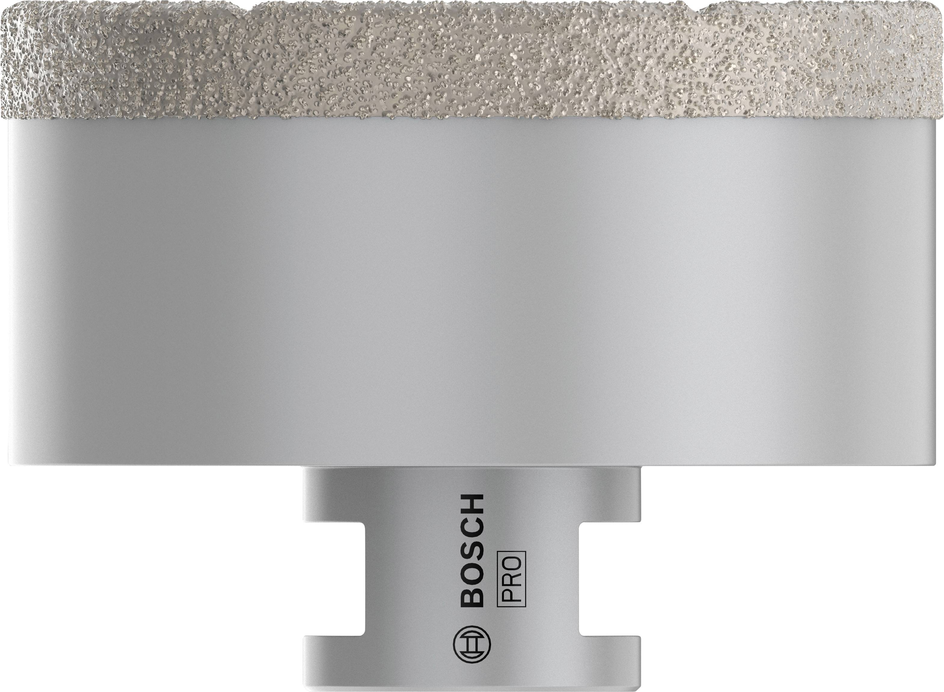 Großer grauer Lochsägeaufsatz mit Bosch-Logo in der Mitte. Oberkante mit rauer Textur. Werkzeug für präzises Schneiden in Materialien.