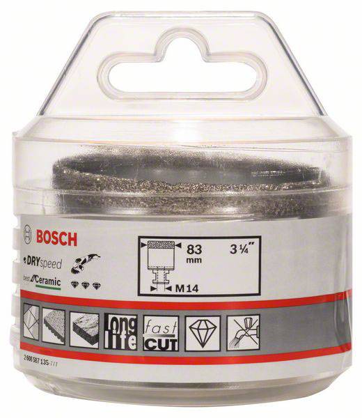 Bosch Diamantbohrkrone für Trockenbohren, 83 mm Durchmesser, M14-Gewinde, geeignet für Keramik, Verpackung mit technischen Symbolen.