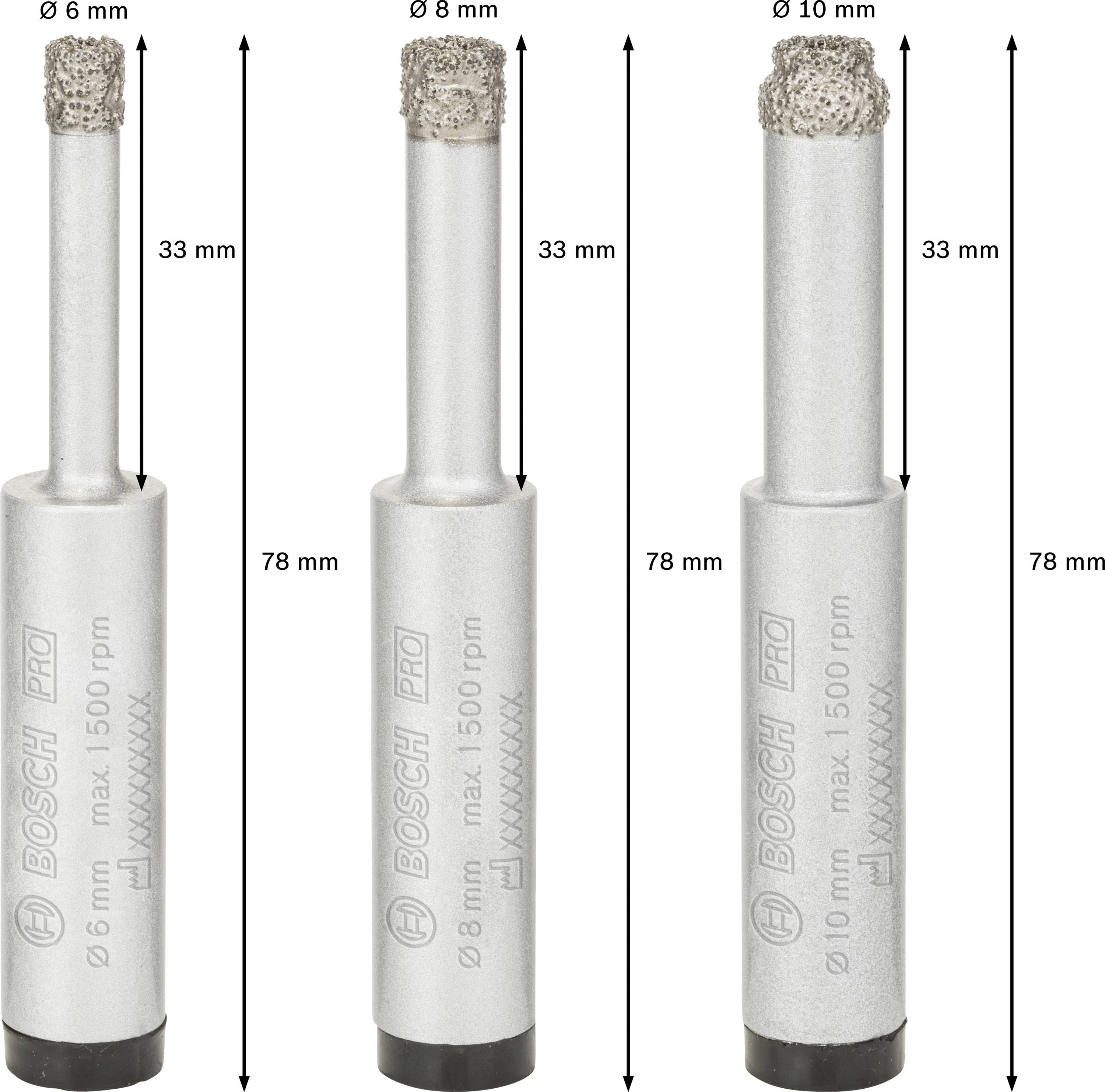 Drei diamantbeschichtete Bohrer in verschiedenen Durchmessern (6 mm, 8 mm, 10 mm) mit Längenmarkierungen, für präzises Bohren.
