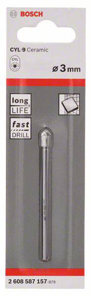 Bosch CYL-9 Ceramic Bohrer, 3 mm, geeignet für Fliesen. Merkmale: lange Lebensdauer, schnelle Bohrung.