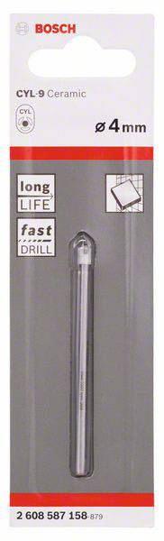 Verpackung für Bosch Bohrer für Keramik, CYL-9, Durchmesser 4 mm. Etiketten: 'long life', 'fast drill'.