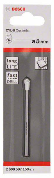 Ein Verpackungsbild eines Bosch CYL-9 Keramikbohrers, Durchmesser 5 mm, betont Langlebigkeit und schnelle Bohrleistung.