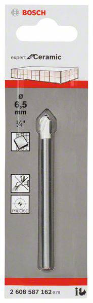 Bohrer für Keramik von Bosch, Durchmesser 6,5 mm. Verpackung zeigt Anweisungen zur präzisen Verwendung auf Fliesen.
