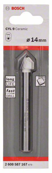 Bohrer von Bosch für Keramik, Modell CYL-9, Durchmesser 14 mm, mit Eigenschaften 'lange Lebensdauer', 'schnelles Bohren'. Verpackung zeigt Bohrer.