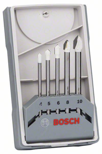 'Bosch Bohrerset 4 bis 10 mm' im grauen Kasten, fünf Bohrer in Halterung.