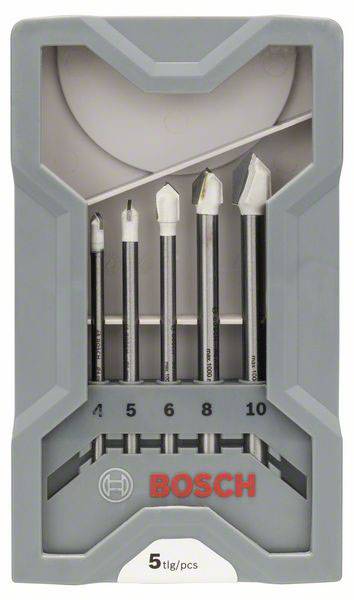 Bosch Fliesenbohrer-Set, 5-teilig, Größen: 4, 5, 6, 8, 10 mm, geeignet für Fliesenbohrarbeiten, in grauer Schachtel präsentiert.