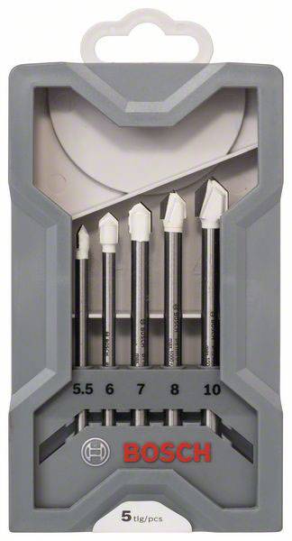 Graues Set mit fünf Bosch-Bohrern in verschiedenen Größen von 5,5 bis 10 mm, mit weißer Spitze, verpackt in Plastikschutzhülle.