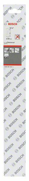 'Bosch' Stichsägeblatt-Verpackung, zeigt Details wie Blattlänge und Materialeignung. Enthält Icons zur Anwendung und Herstellerlogo.
