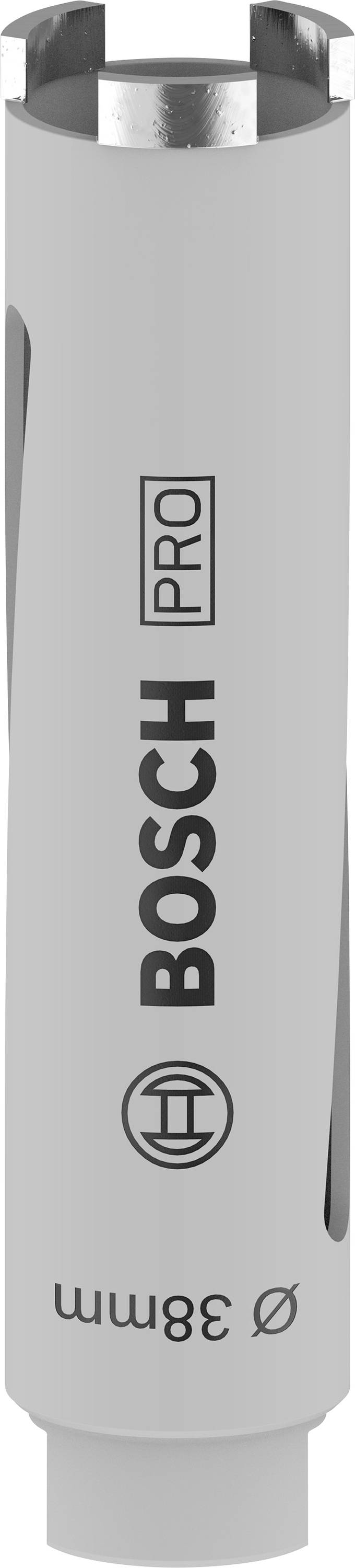 Diamantbohrkrone von Bosch für Beton, zylindrische Form, graue Farbe, Aufschrift '38 mm Ø'.