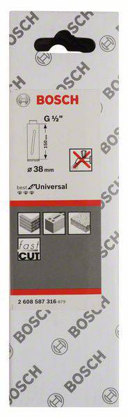 Bosch-Verpackung für Sägeblätter mit Abbildungen zu den geeigneten Materialien: Stahl, Holz, Faserplatten; nicht für Metall geeignet.