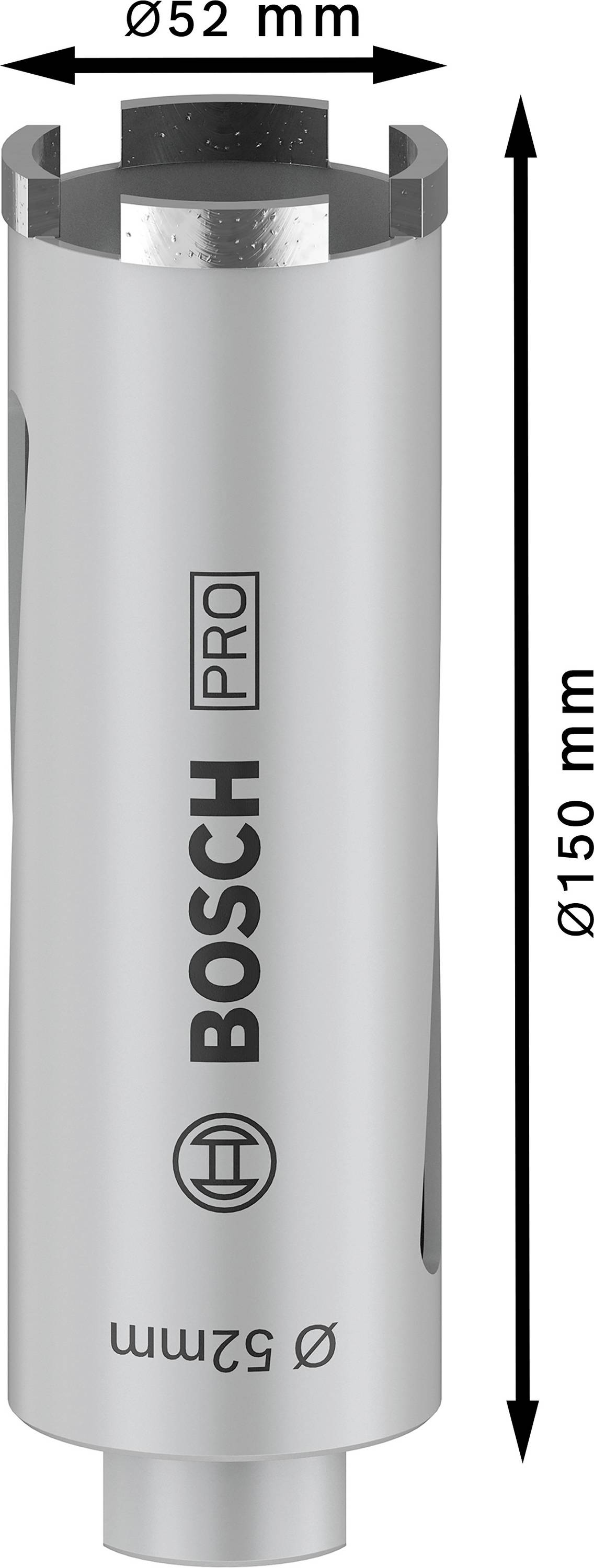 Silberne Bosch Pro Diamantbohrkrone, Länge 150 mm, Durchmesser 52 mm, geeignet für Bohrungen in Beton und Mauerwerk.
