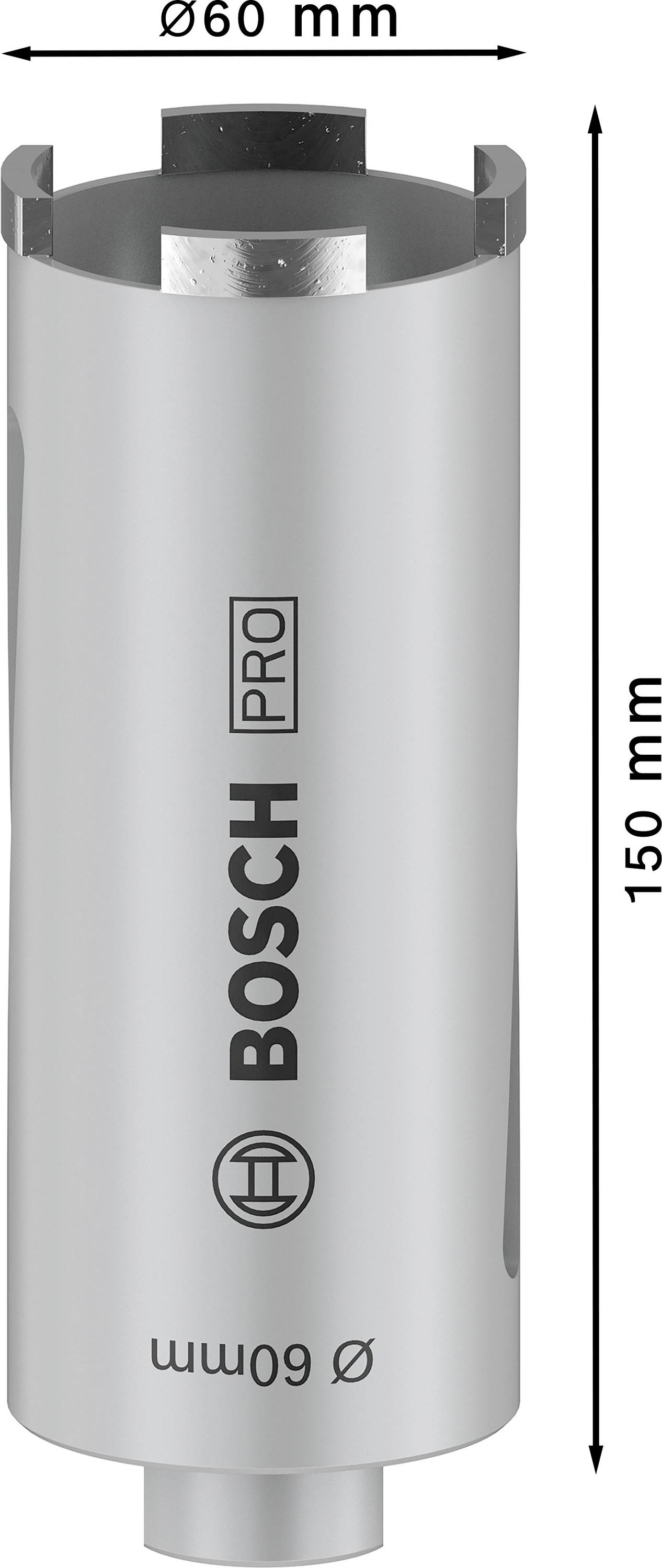 Kernbohrer von Bosch, Durchmesser 60 mm, Länge 150 mm, für professionelle Anwendungen, silbernes Zylinderdesign.