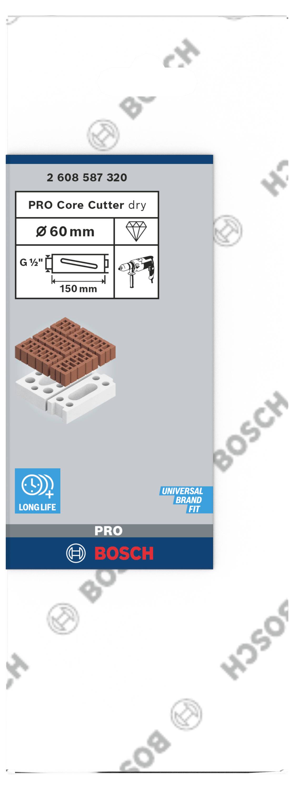 Verpackung eines PRO Core Cutters von Bosch mit 60 mm Durchmesser. Geeignet für Mauerwerk. Abgebildet: Bohrer, Bohrkrone, Ziegel.