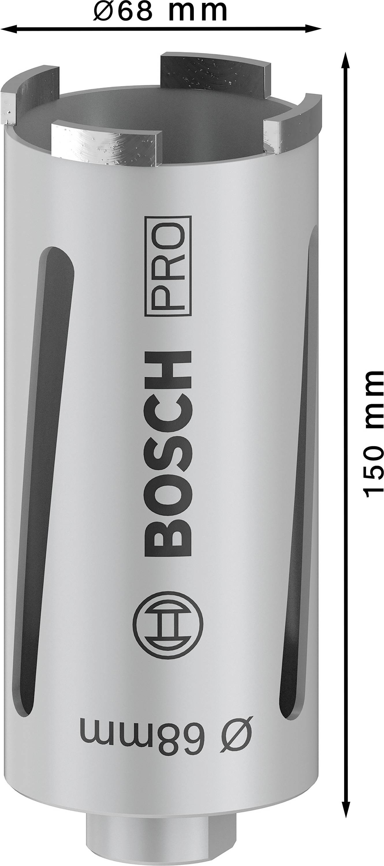 Bohrer mit 68 mm Durchmesser und 150 mm Länge. Markierungen mit 'BOSCH PRO' und Produktlogo.