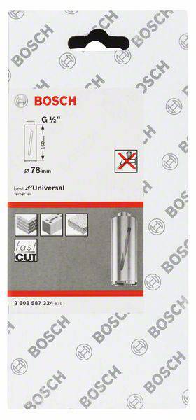 Verpackung eines Bosch-Universalbohrers, 78 mm, geeignet für Fliesen und Mauerwerk. Enthält Symbole für Materialkompatibilität und Sicherheitsanweisungen.