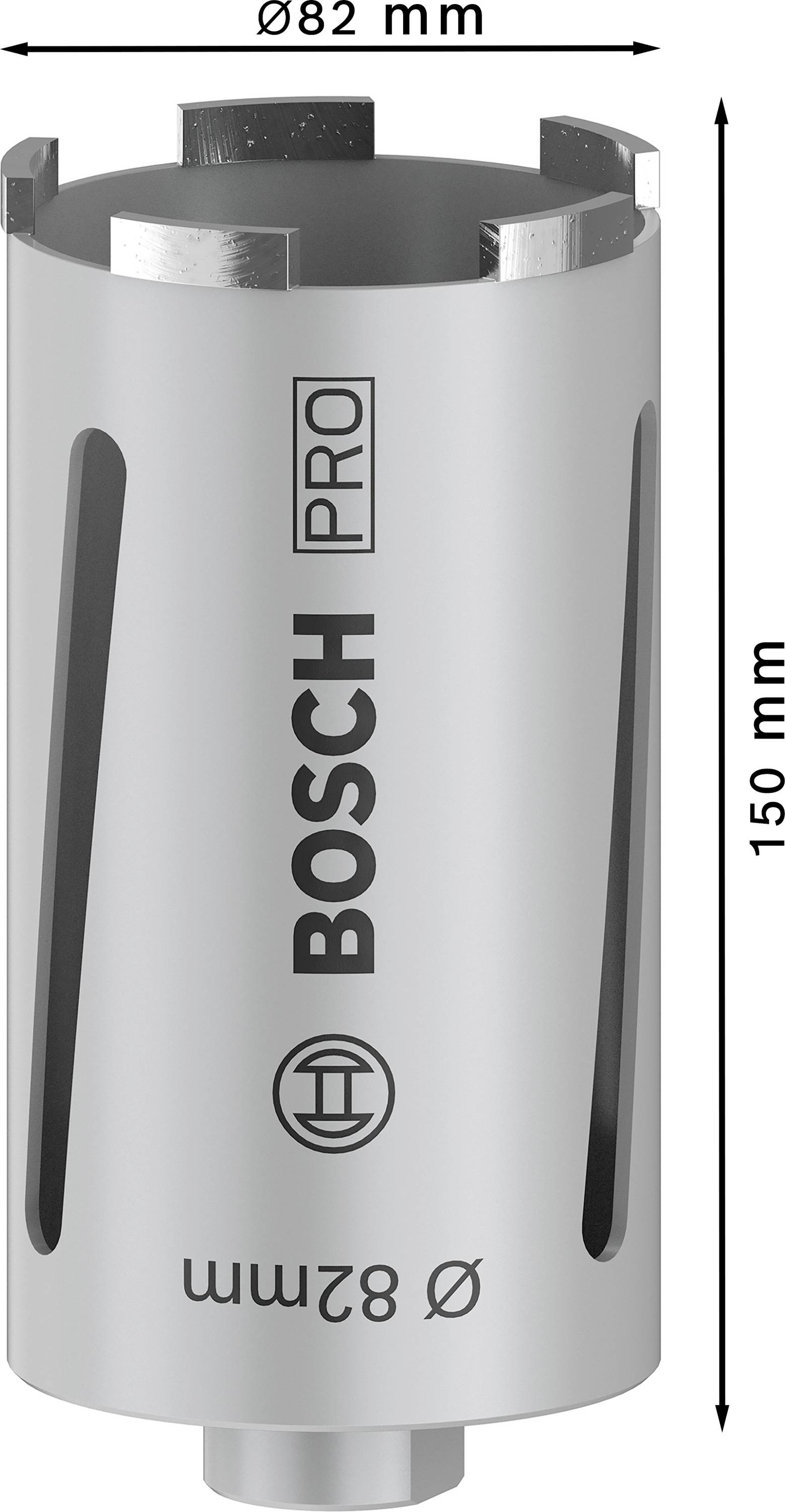 'Bosch Pro' Hohlbohrkrone, Durchmesser 82 mm, Länge 150 mm, geeignet für professionelle Bohrarbeiten.