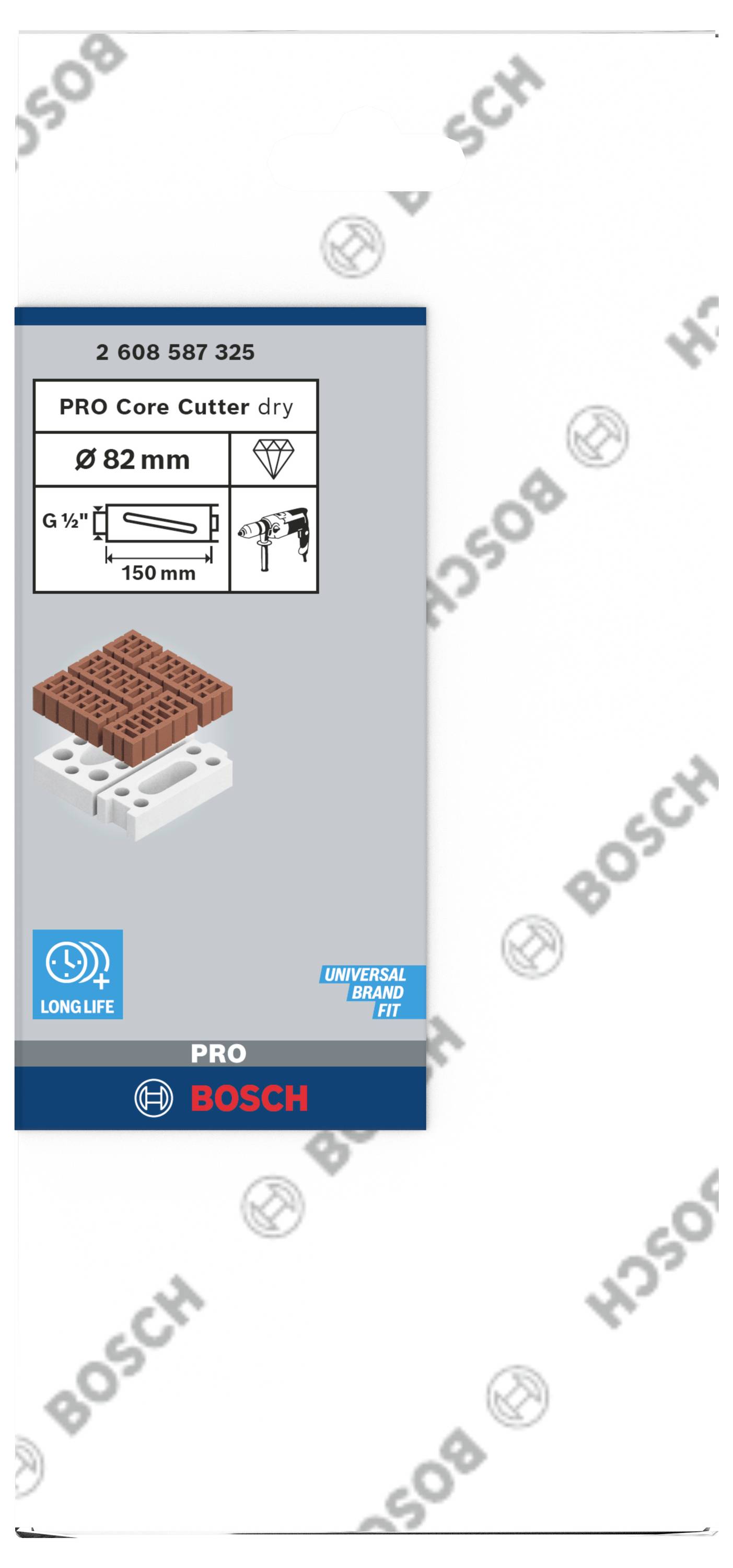 Bohrer-Set-Verpackung: 'PRO Core Cutter dry, Ø 82 mm.' Geeignet für Mauerwerk, mit SDS-Aufnahme. Bosch-Logo oben und an den Rändern.