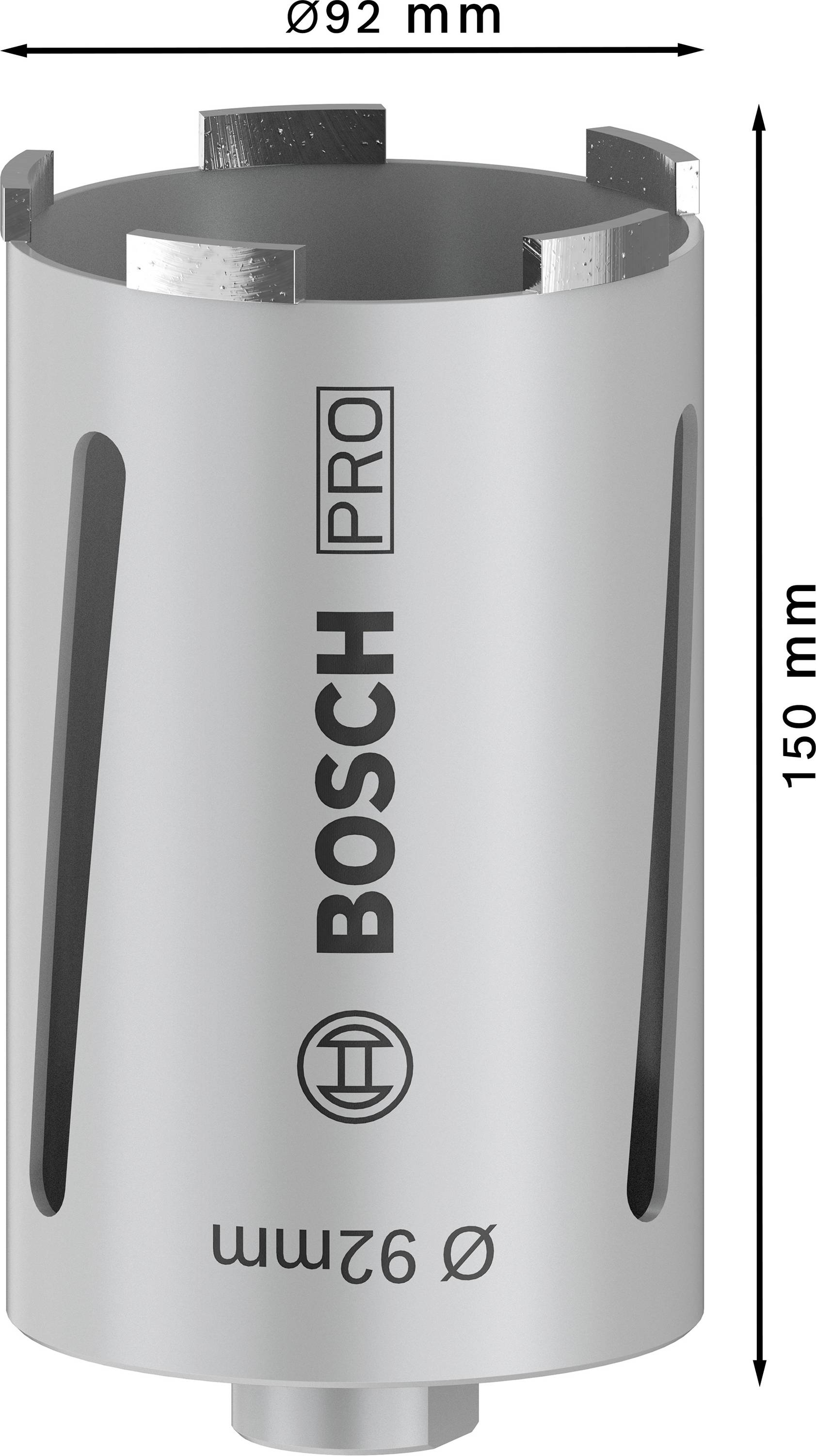 Zylindrischer Bohrkopf 'Bosch Pro' mit einer Länge von 150 mm und einem Durchmesser von 92 mm.