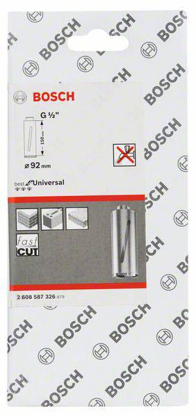 Verpackung eines Bosch G 1/5 Zylindersägeblattes, Durchmesser 92 mm, geeignet für Holz, Kunststoff und Metall mit 'fast cut' Funktion.