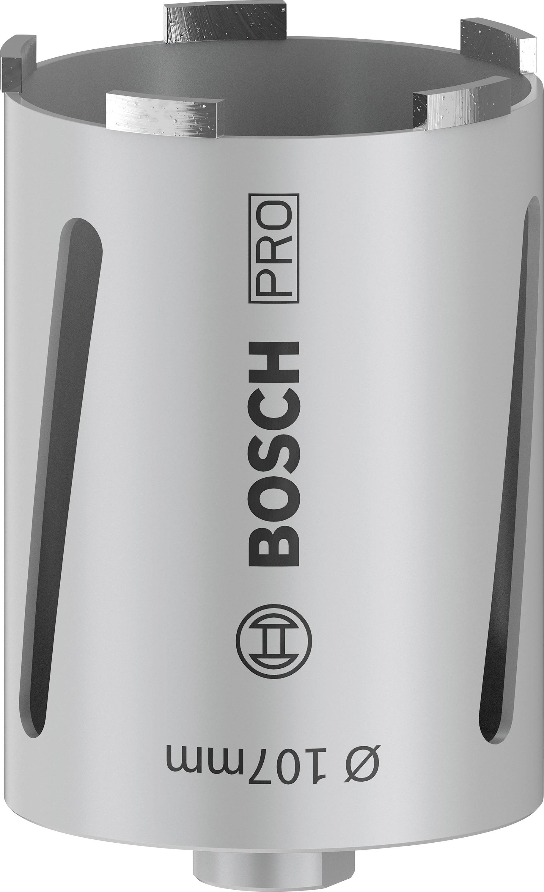 Metall-Bohrkrone mit 'BOSCH PRO'-Logo, Durchmesser von 107 mm, zylindrische Form und sechs Schneidezähne für präzises Bohren.