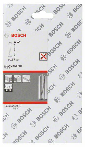 'Verpackung für Bosch Sägeblatt, Durchmesser 117 mm, geeignet für 'fast cut' Anwendungen. Grauer Hintergrund mit Bosch-Logos.'
