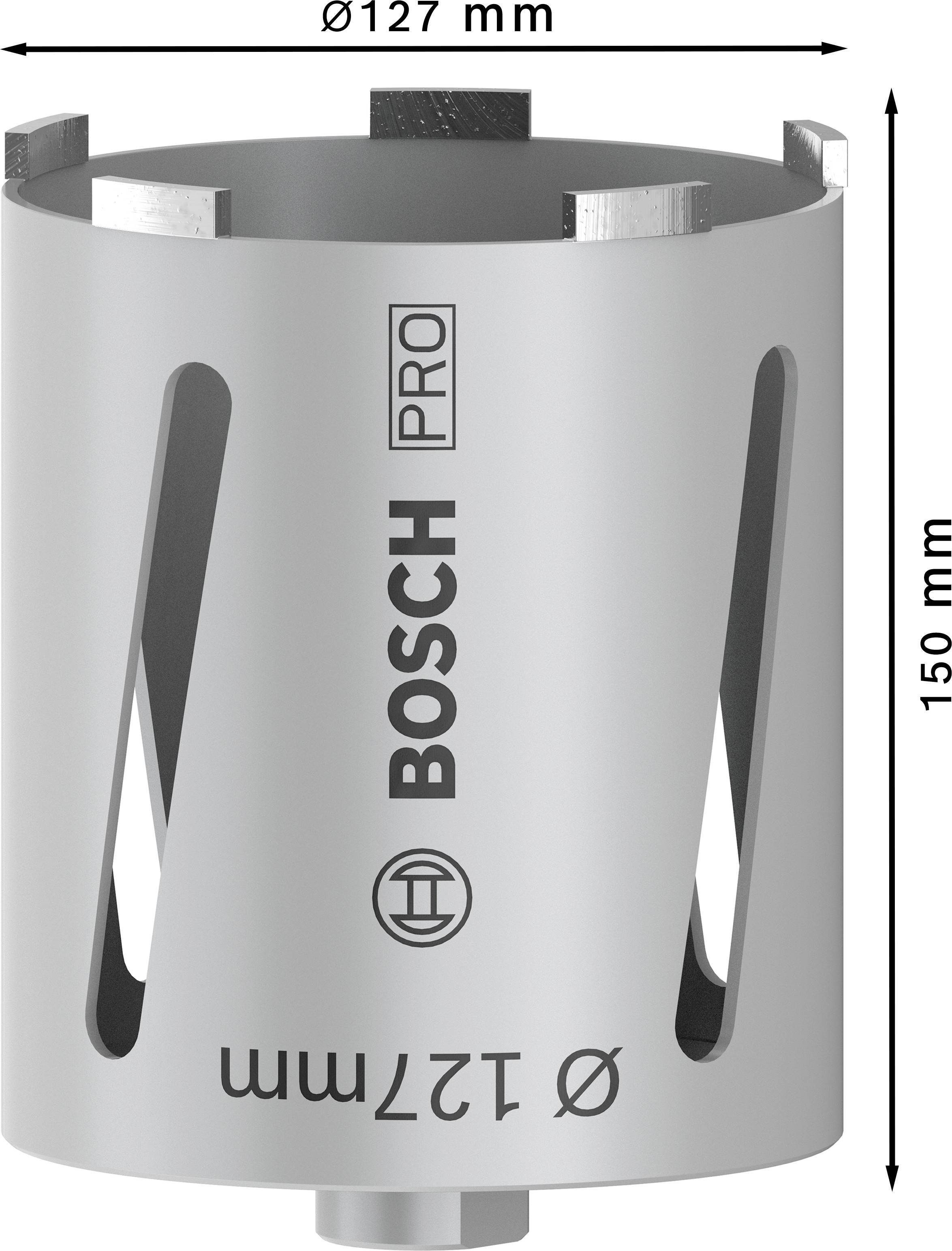 Bohrer mit 127 mm Durchmesser und 150 mm Höhe. Markierung 'BOSCH PRO'.