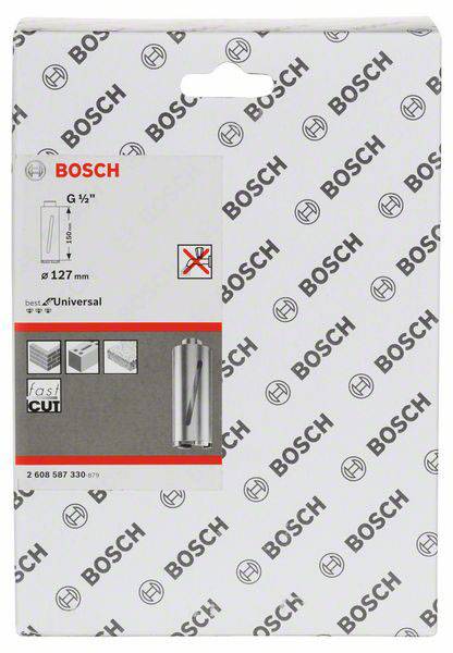 Verpackung einer Bosch Universal-Lochsäge, Größe 127 mm, für Metall, Holz und Kunststoff geeignet. Enthält keine Maschine.