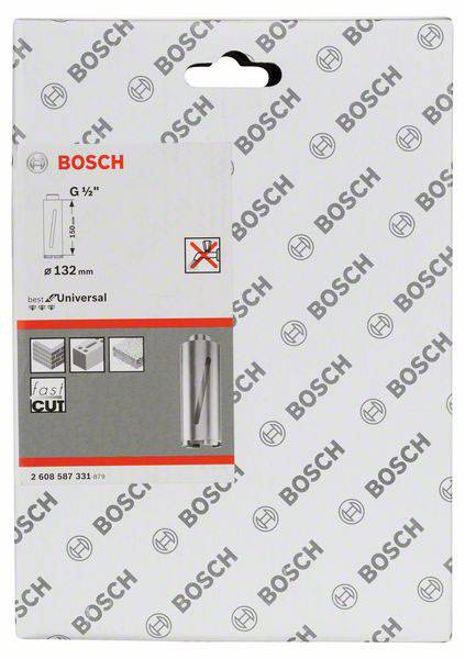Verpackung einer Bosch Lochsäge für Beton, Ø 132 mm. Zeigt Produktbild und 'fast cut'-Technologie, geeignet für universellen Einsatz.