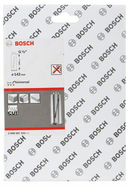 Verpackung für einen Bosch Bohrer, geeignet für Durchmesser von 142 mm. Empfohlen für Universalnutzung mit schneller Schnitt-Funktion.
